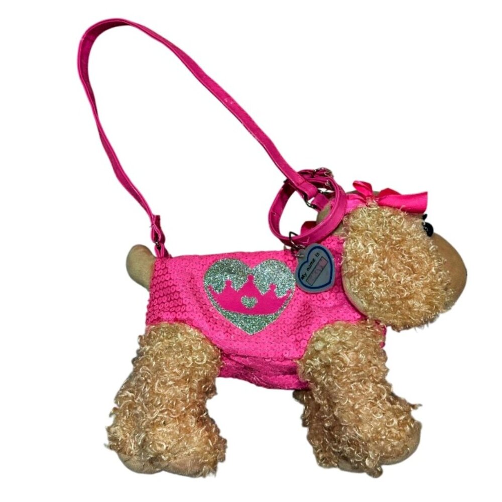 Poochie and Co Girls Tan Poodle Dog Purse Pink Sequined Plush - Unused *READ